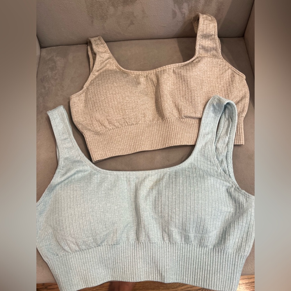 Ribbed Sports Bra Set Beige and Light Blue